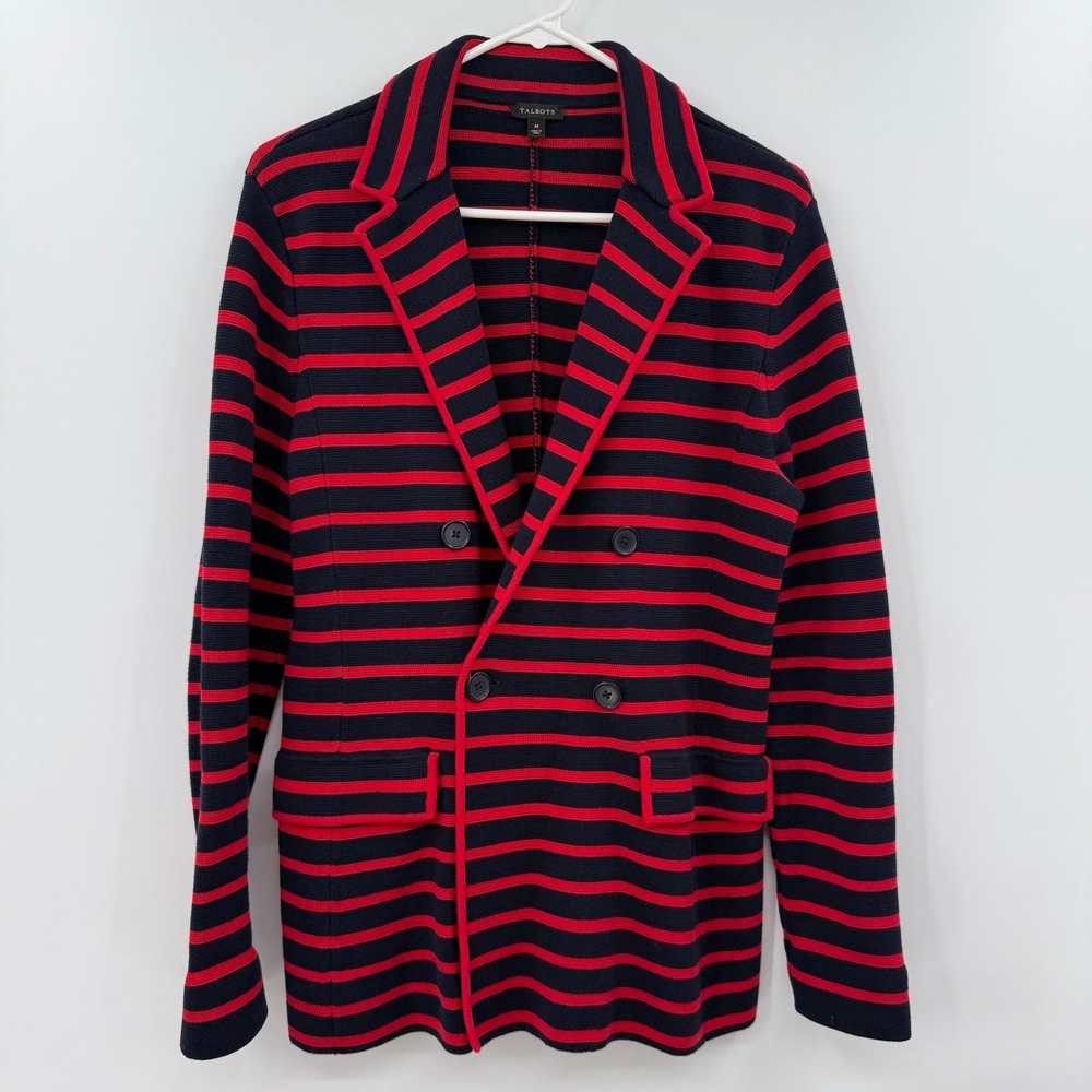 Talbots blue red stripe blazer knit heavy nautical size medium - Picture 2 of 8